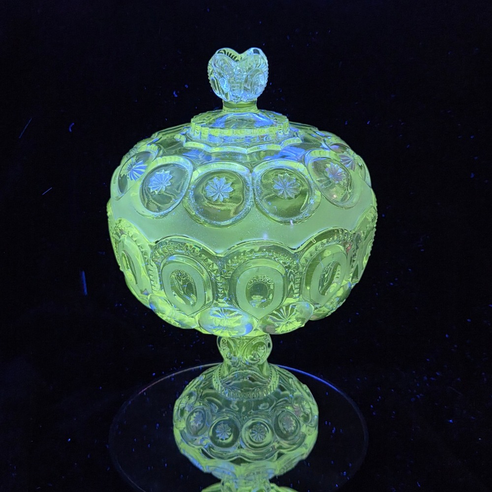 Antique EAPG Adams Palace Moon & Star UV Glow Manganese Covered Compote w Lid